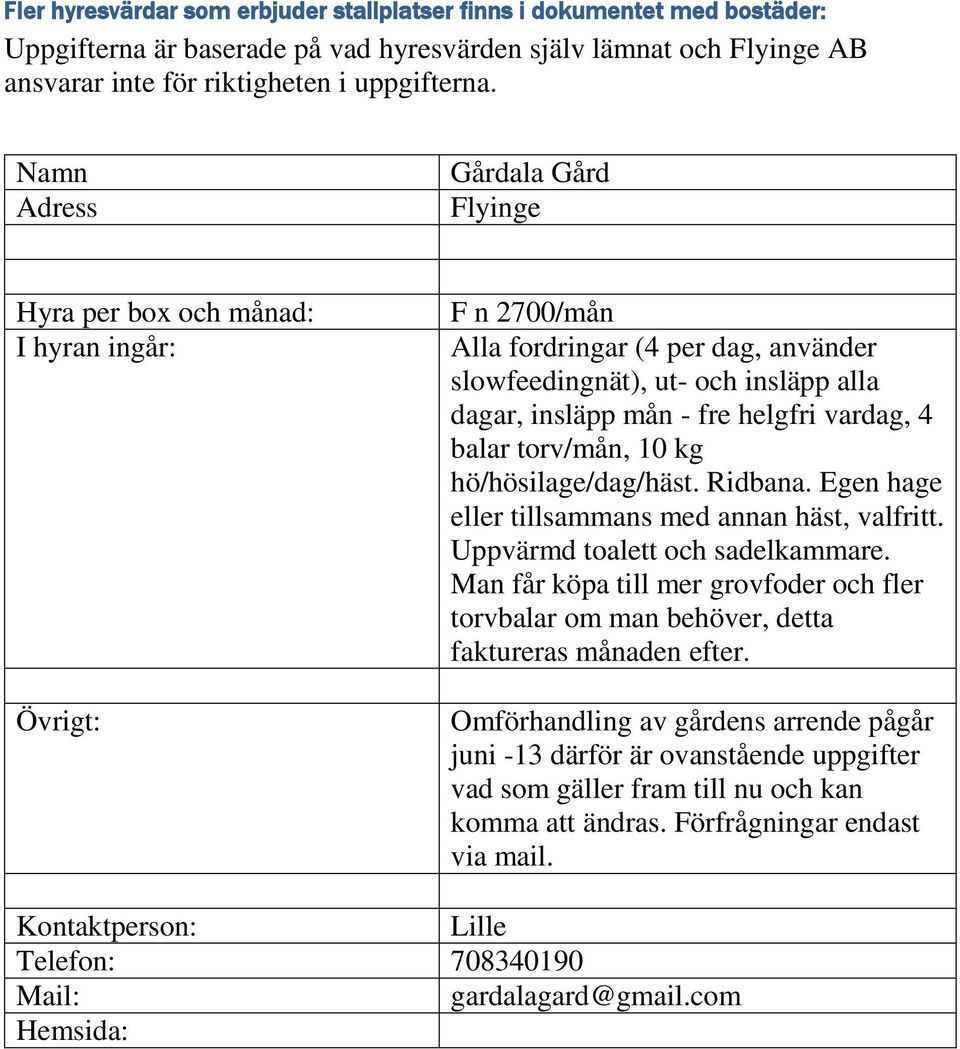 Uppvärmd toalett och sadelkammare. Man får köpa till mer grovfoder och fler torvbalar om man behöver, detta faktureras månaden efter.