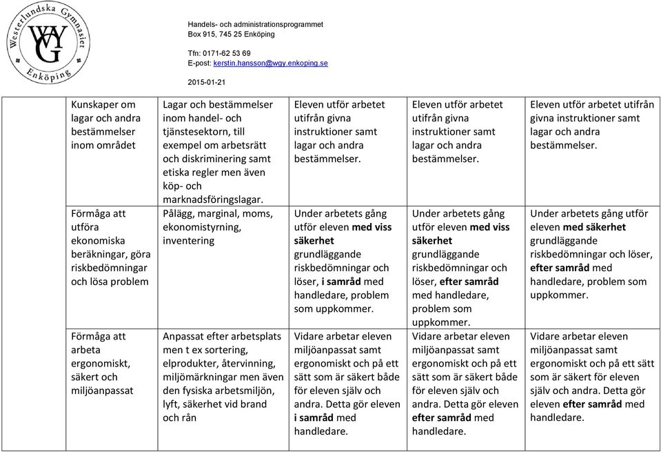 Pålägg, marginal, moms, ekonomistyrning, inventering Anpassat efter arbetsplats men t ex sortering, elprodukter, återvinning, miljömärkningar men även den fysiska arbetsmiljön, lyft, säkerhet vid