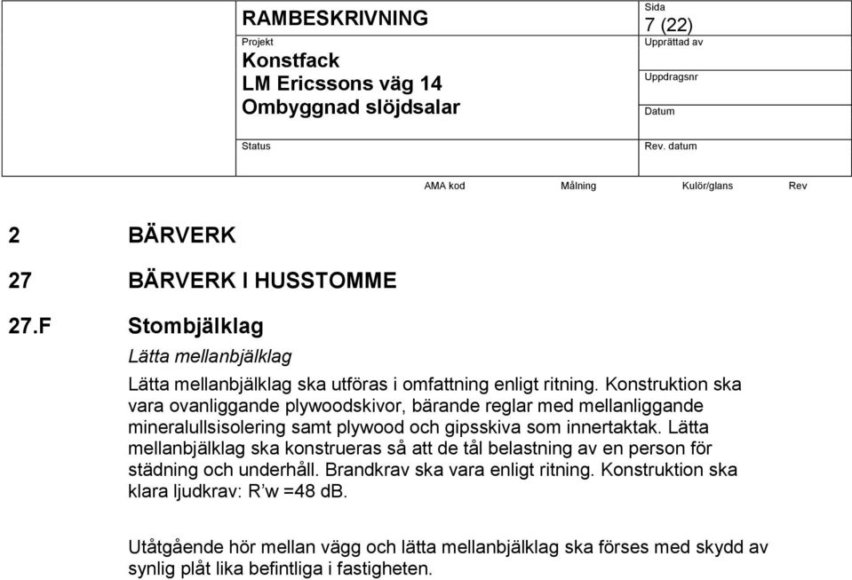 Konstruktion ska vara ovanliggande plywoodskivor, bärande reglar med mellanliggande mineralullsisolering samt plywood och gipsskiva som innertaktak.