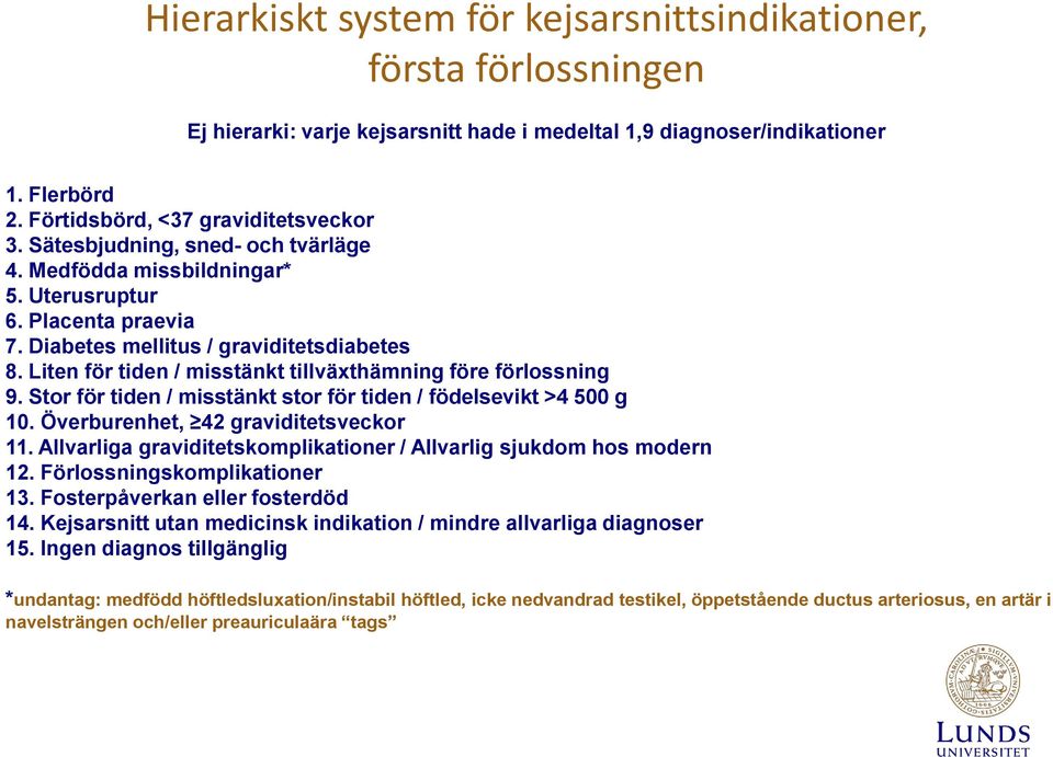 Liten för tiden / misstänkt tillväxthämning före förlossning 9. Stor för tiden / misstänkt stor för tiden / födelsevikt >4 500 g 10. Överburenhet, 42 graviditetsveckor 11.