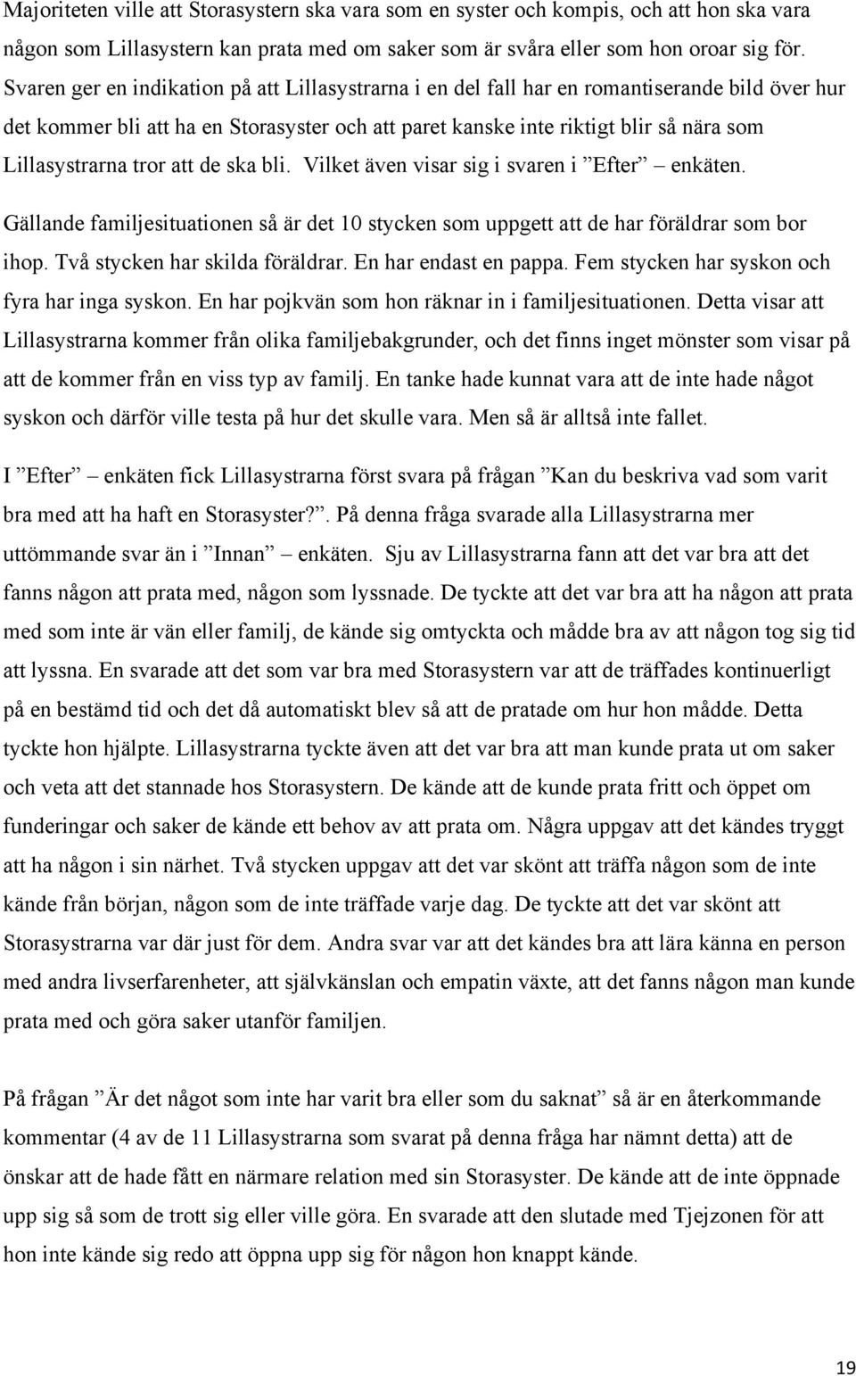 tror att de ska bli. Vilket även visar sig i svaren i Efter enkäten. Gällande familjesituationen så är det 10 stycken som uppgett att de har föräldrar som bor ihop. Två stycken har skilda föräldrar.