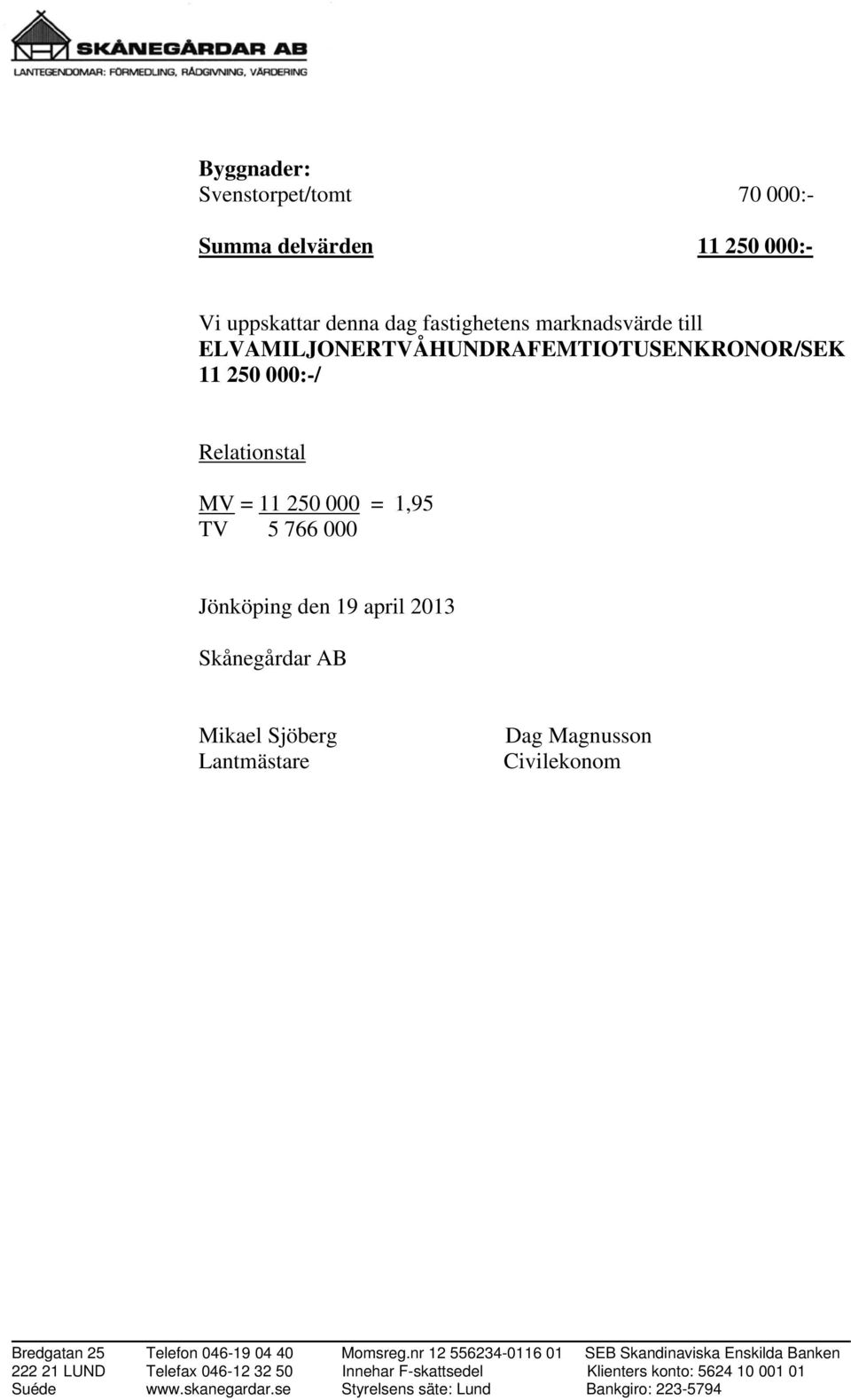 Skånegårdar AB Mikael Sjöberg Lantmästare Dag Magnusson Civilekonom Bredgatan 25 Telefon 046-19 04 40 Momsreg.