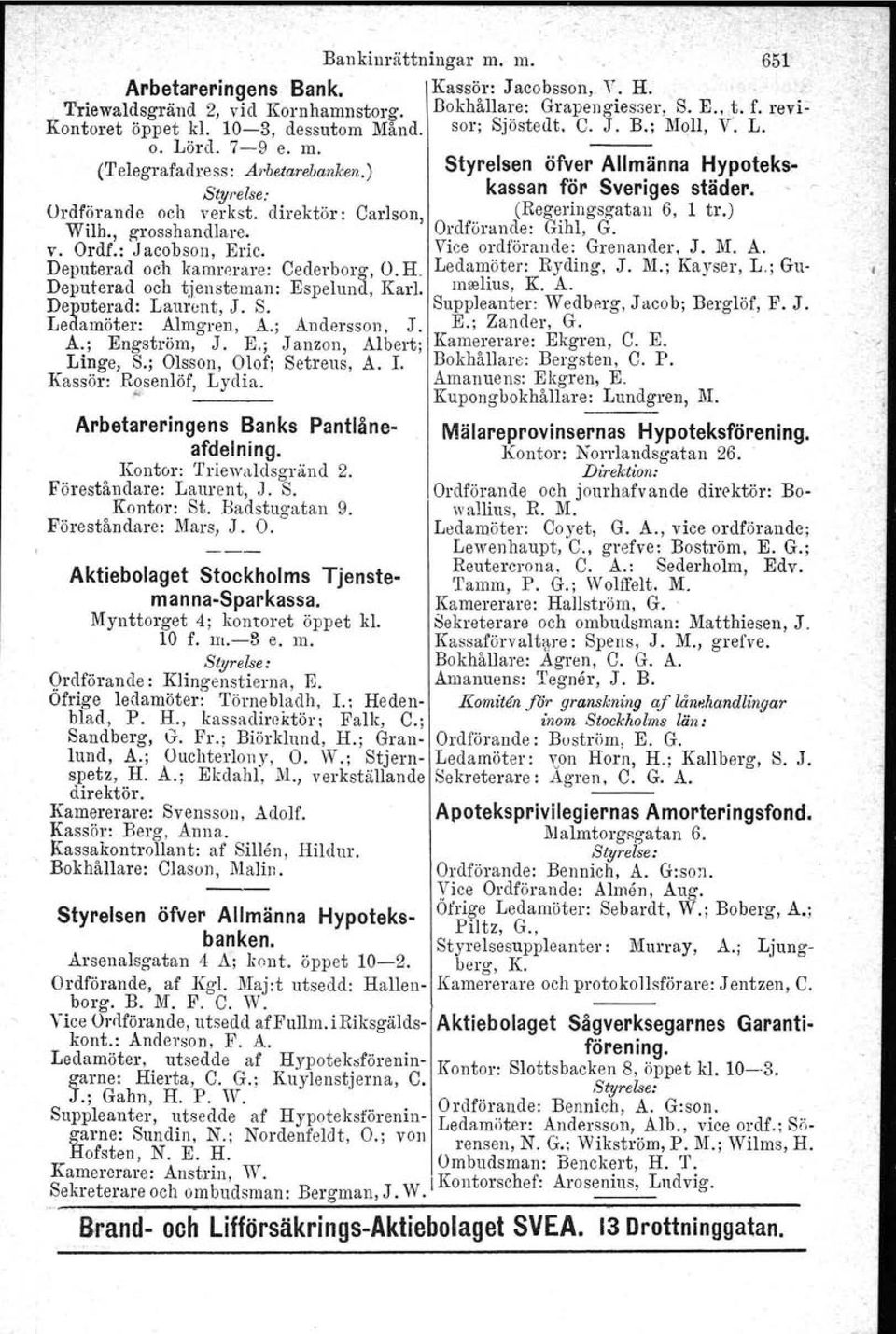 direktör: Carlson, Wilh., grosshandlare. v. Ordf.: Jacobson, Eric. Deputerad och kamrerare: Cederborg, O. H. Deputerad och tjensteman: Espelund, Karl. Deputerad: Laurent, J. S. Ledamöter: Al