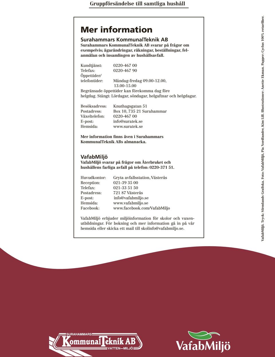 Stängt: Lördagar, söndagar, helgaftnar och helgdagar. Besöksadress: Knuthagsgatan 51 Postadress: Box 10, 735 21 Surahammar Växeltelefon: 0220-467 00 E-post: info@suratek.