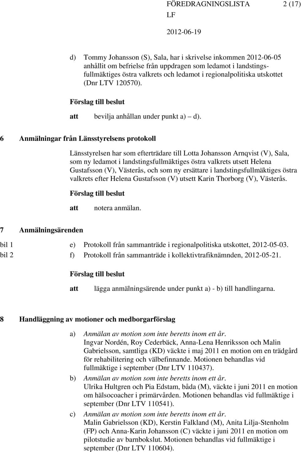 6 Anmälningar från Länsstyrelsens protokoll Länsstyrelsen har som efterträdare till Lotta Johansson Arnqvist (V), Sala, som ny ledamot i landstingsfullmäktiges östra valkrets utsett Helena Gustafsson