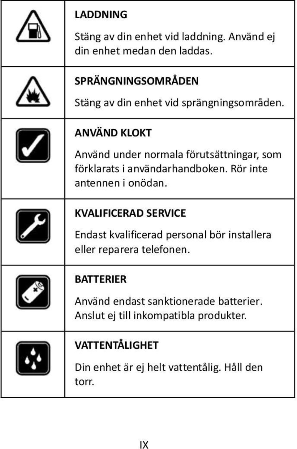 ANVÄND KLOKT Använd under normala förutsättningar, som förklarats i användarhandboken. Rör inte antennen i onödan.