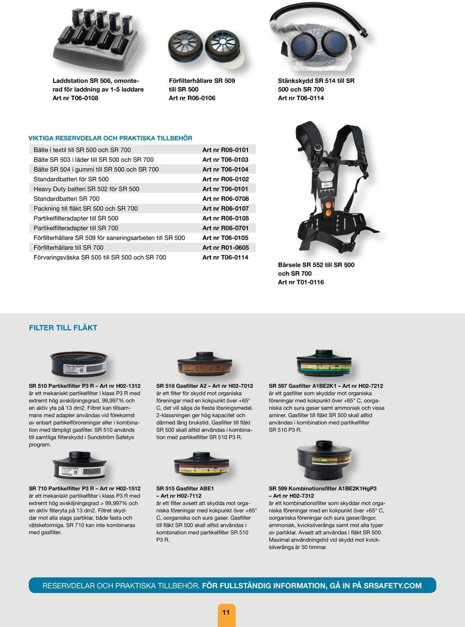 nr T06-0104 Standardbatteri för SR 500 Art nr R06-0102 Heavy Duty batteri SR 502 för SR 500 Art nr T06-0101 Standardbatteri SR 700 Art nr R06-0708 Packning till fläkt SR 500 och SR 700 Art nr