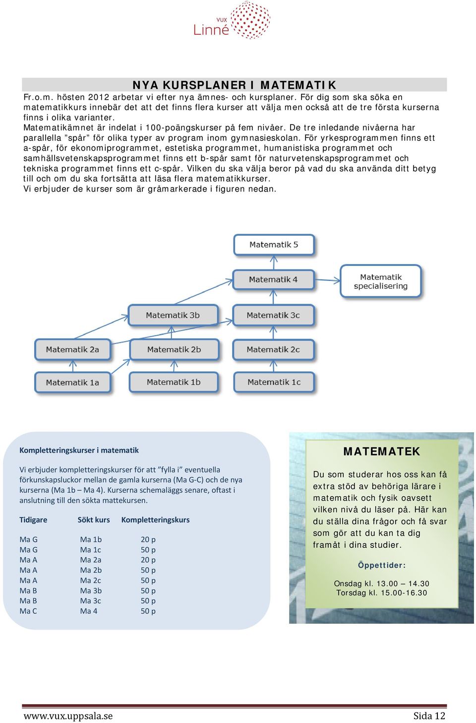 Matematikämnet är indelat i 100-poängskurser på fem nivåer. De tre inledande nivåerna har parallella spår för olika typer av program inom gymnasieskolan.