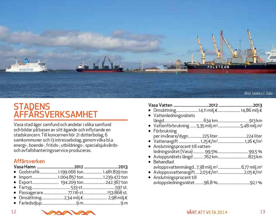 Affärsverken Vasa Hamn...2012...2013 Godstrafik...1.199.066 ton... 1.481.839 ton Import...1.004.857 ton...1.239.472 ton Export... 194.209 ton... 242.367 ton Fartyg... 533 st...597 st. Passagerare... 77.