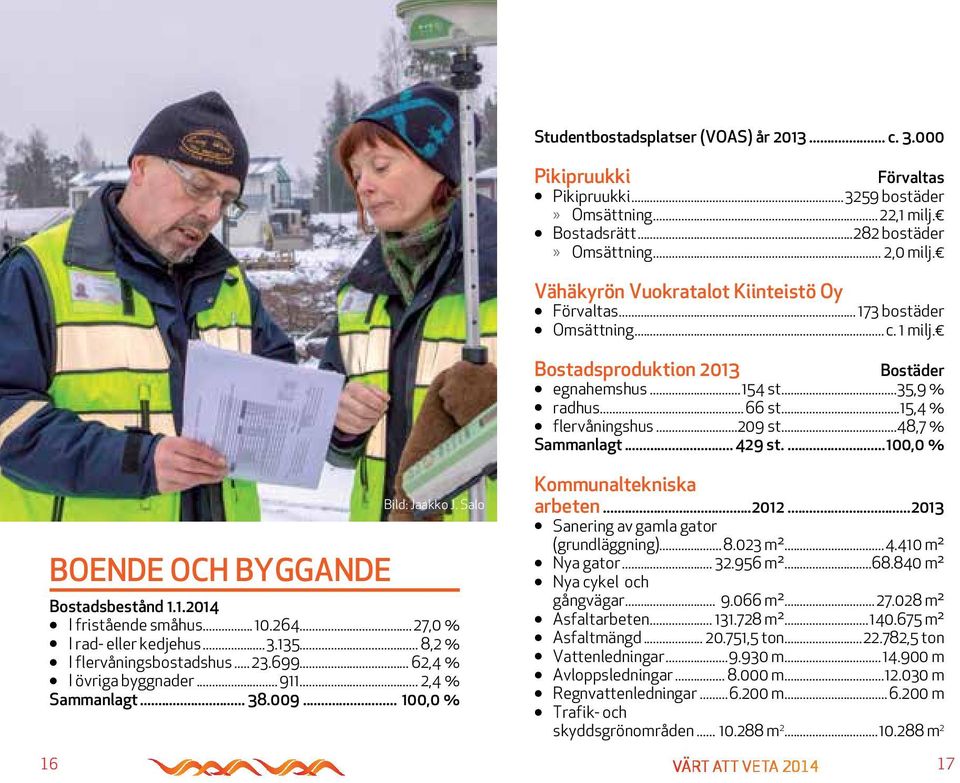 ..48,7 % Sammanlagt... 429 st....100,0 % BOENDE OCH BYGGANDE Bild: Jaakko J. Salo Bostadsbestånd 1.1.2014 I fristående småhus... 10.264... 27,0 % I rad- eller kedjehus...3.135.