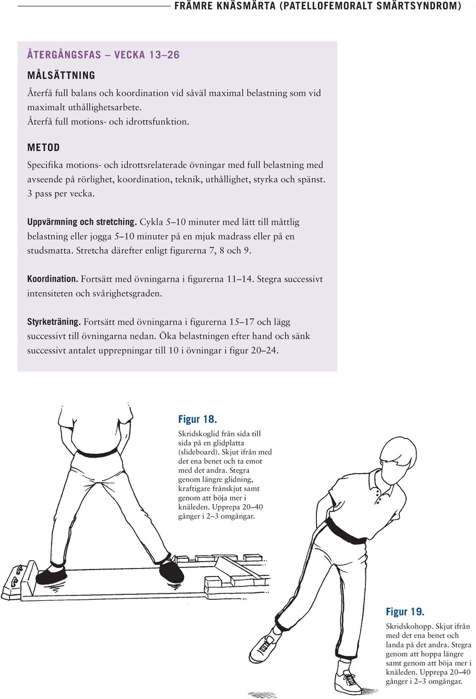 Uppvärmning och stretching. Cykla 5 10 minuter med lätt till måttlig belastning eller jogga 5 10 minuter på en mjuk madrass eller på en studsmatta. Stretcha därefter enligt figurerna 7, 8 och 9.