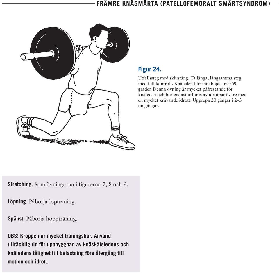 Upprepa 20 gånger i 2 3 omgångar. Stretching. Som övningarna i figurerna 7, 8 och 9. Löpning. Påbörja löpträning. Spänst.