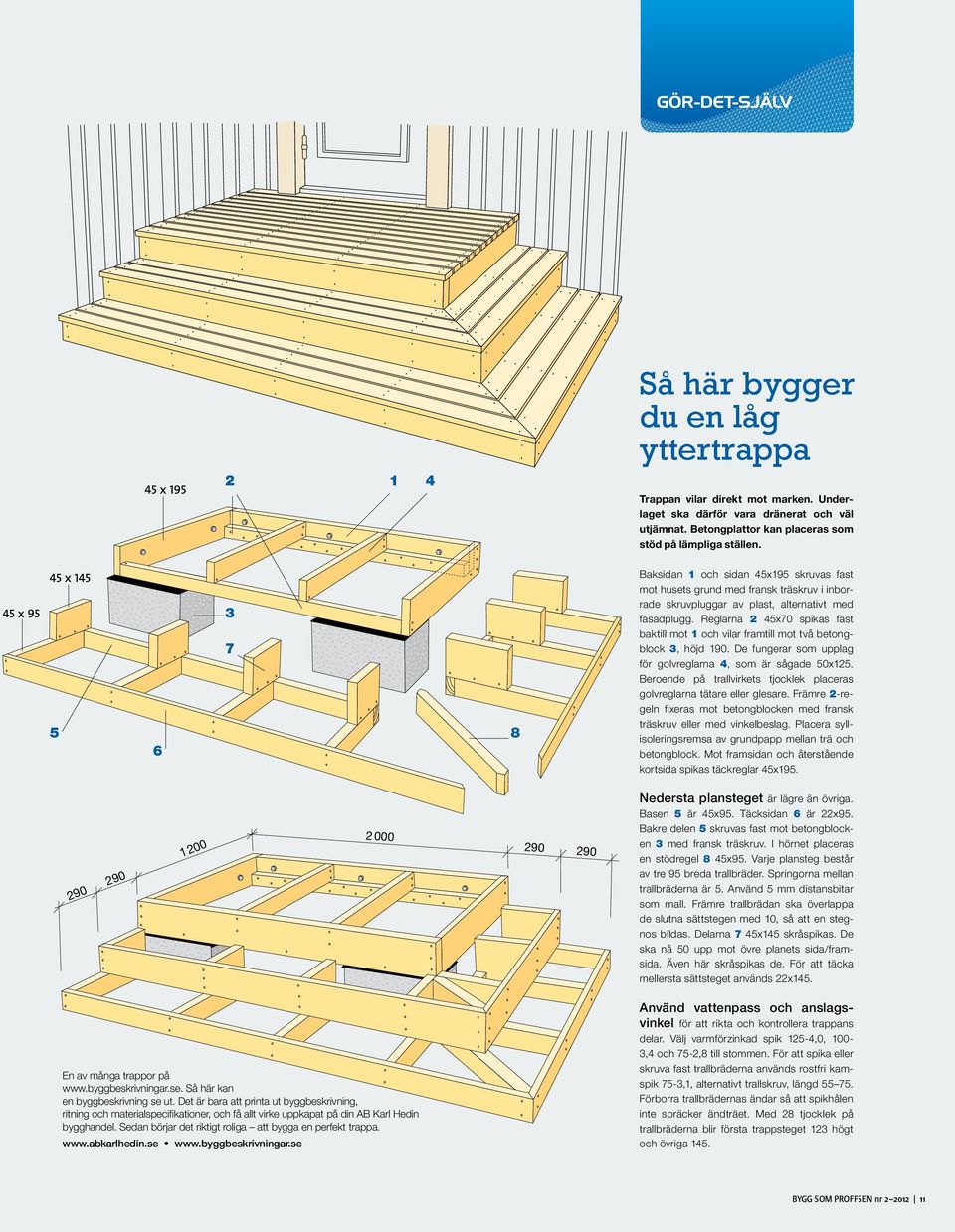 Reglarna 2 45x70 spikas fast baktill mot 1 och vilar framtill mot två betongblock 3, höjd 190. De fung erar som upplag för golvreglarna 4, som är sågade 50x125.