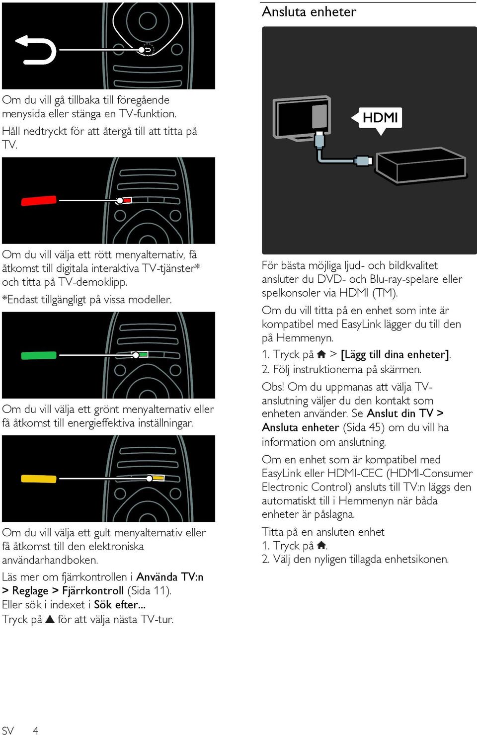 Om du vill välja ett grönt menyalternativ eller få åtkomst till energieffektiva inställningar. Om du vill välja ett gult menyalternativ eller få åtkomst till den elektroniska användarhandboken.