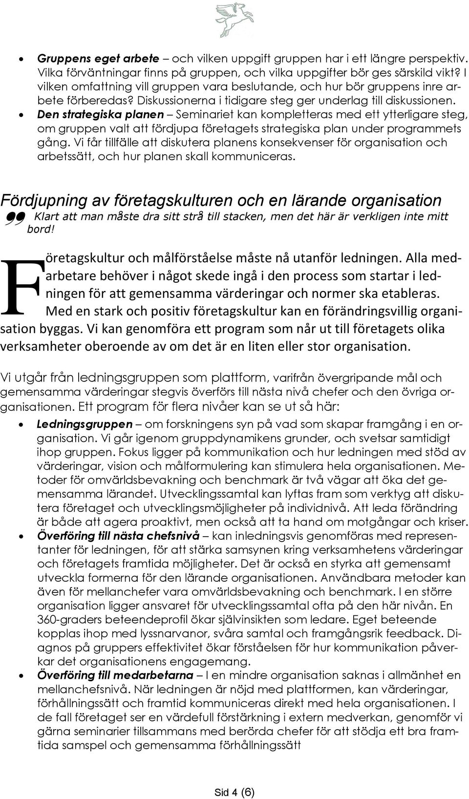 Den strategiska planen Seminariet kan kompletteras med ett ytterligare steg, om gruppen valt att fördjupa företagets strategiska plan under programmets gång.