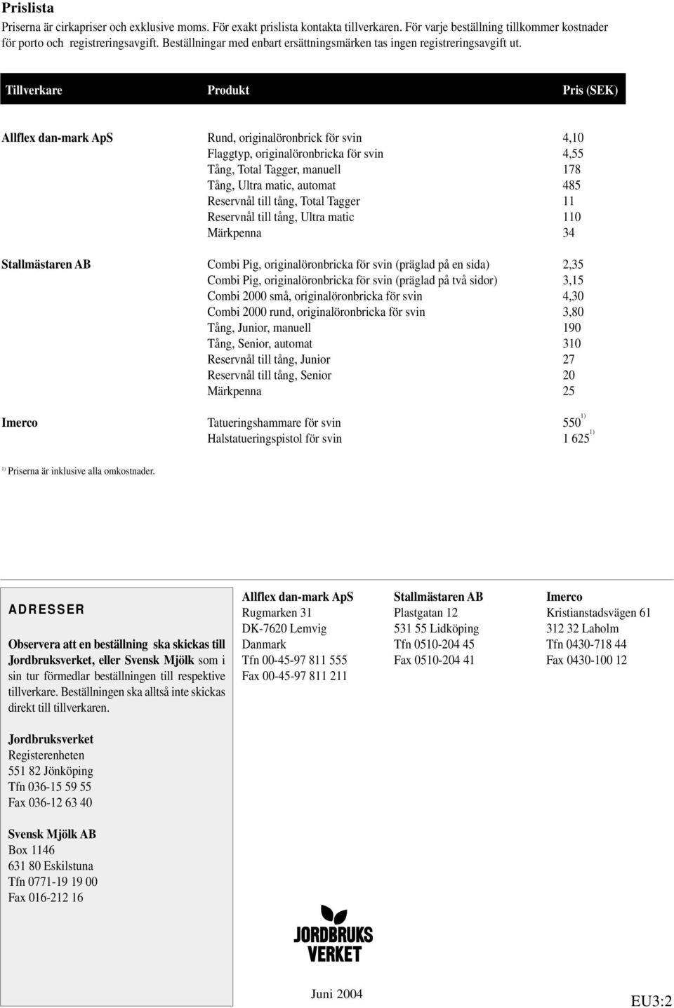 Tillverkare Produkt Pris (SEK) Allflex dan-mark ApS Rund, originalöronbrick för svin 4,10 Flaggtyp, originalöronbricka för svin 4,55 Tång, Total Tagger, manuell 178 Tång, Ultra matic, automat 485