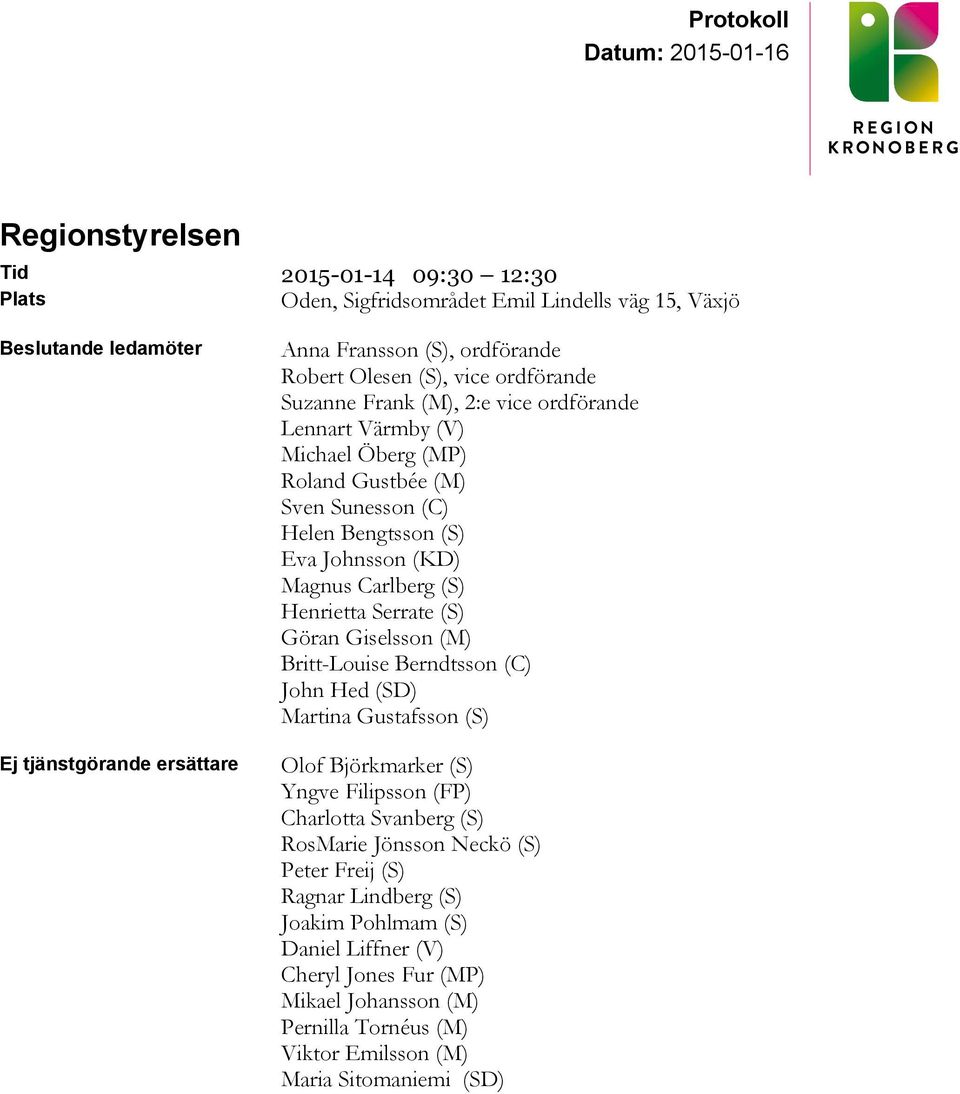 Henrietta Serrate (S) Göran Giselsson (M) Britt-Louise Berndtsson (C) John Hed (SD) Martina Gustafsson (S) Olof Björkmarker (S) Yngve Filipsson (FP) Charlotta Svanberg (S) RosMarie Jönsson