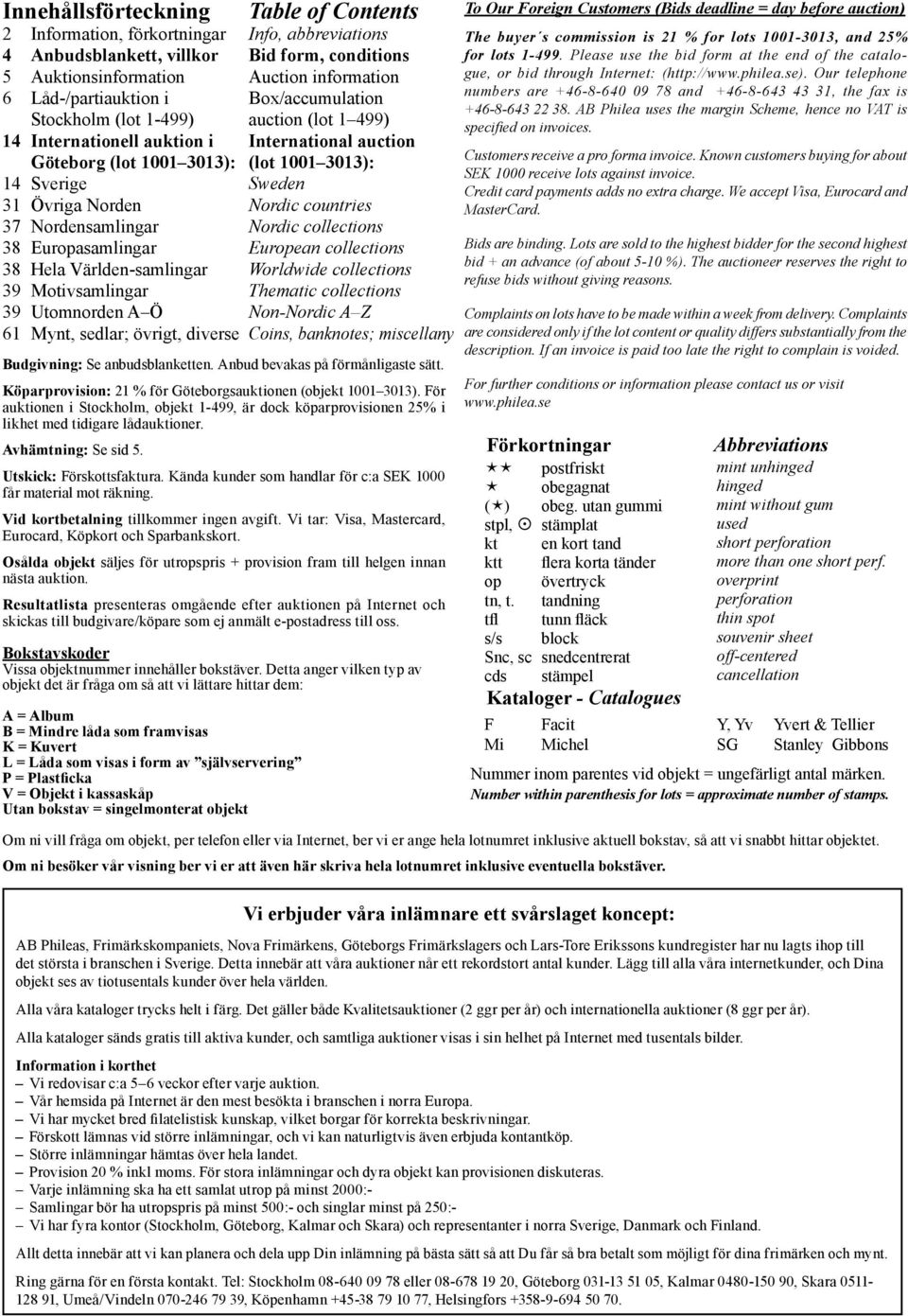 Table of Contents 2 Information, förkortningar Info, abbreviations 4 Anbudsblankett, villkor Bid form, conditions 5 Auktionsinformation Auction information 6 Låd-/partiauktion i Box/accumulation