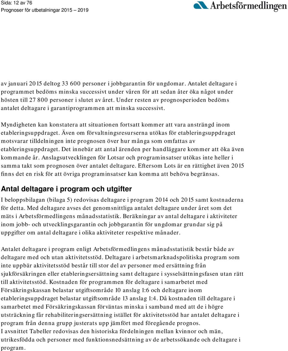 Under resten av prognosperioden bedöms antalet deltagare i garantiprogrammen att minska successivt.