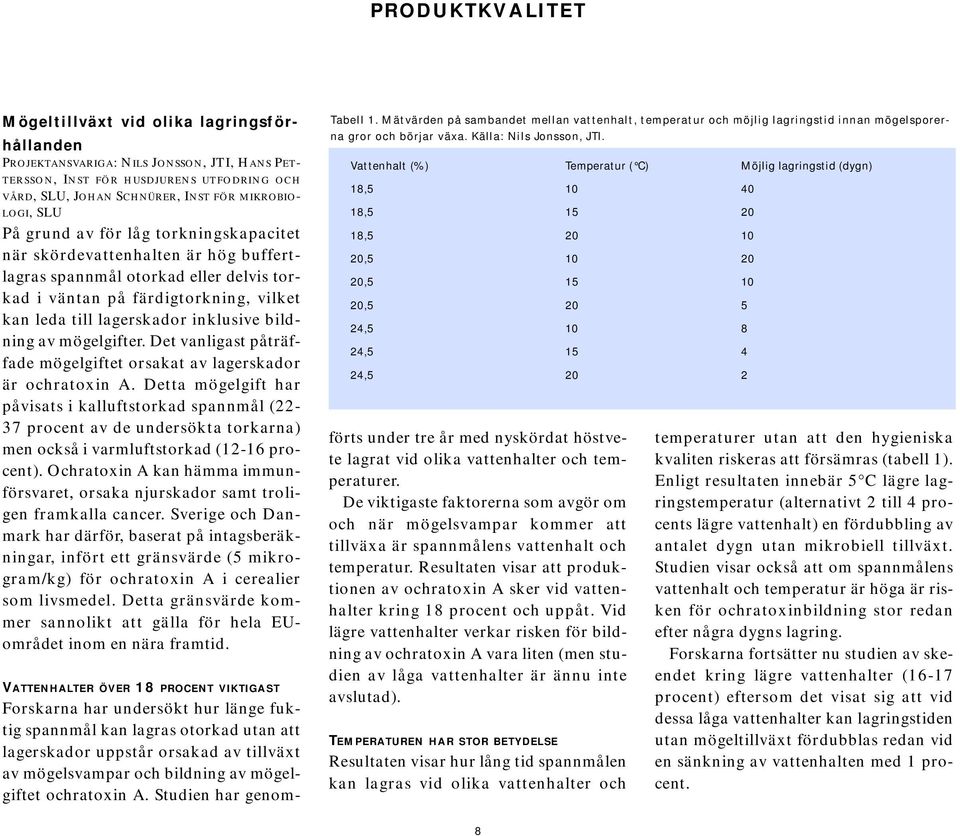 inklusive bildning av mögelgifter. Det vanligast påträffade mögelgiftet orsakat av lagerskador är ochratoxin A.