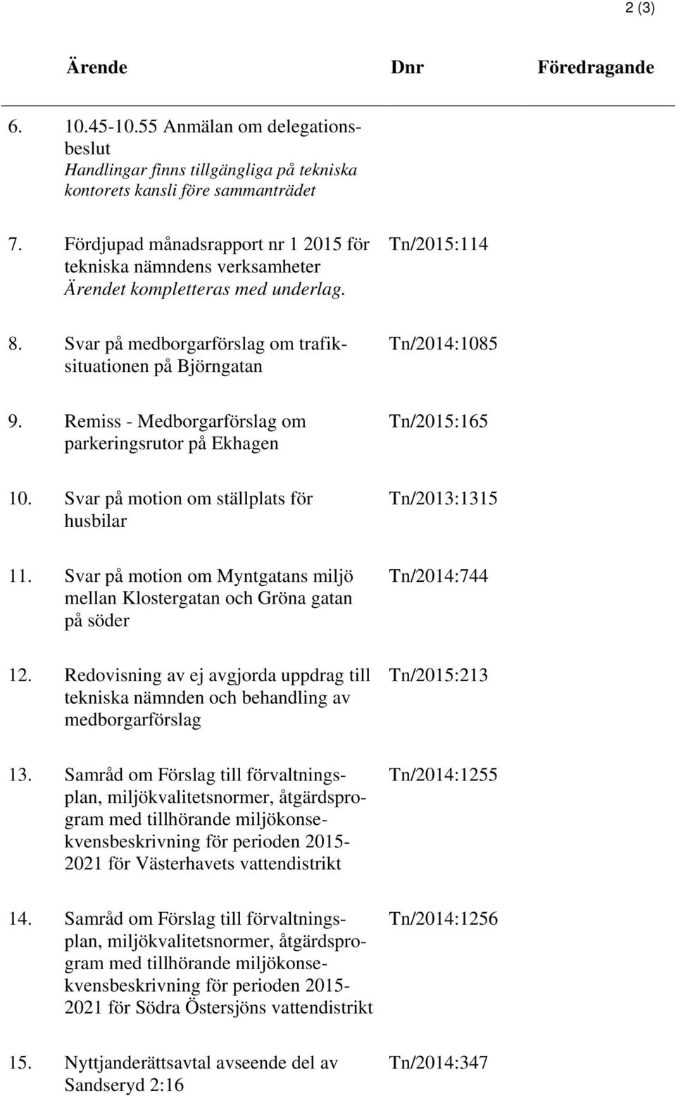 Remiss - Medborgarförslag om parkeringsrutor på Ekhagen Tn/2015:165 10. Svar på motion om ställplats för husbilar Tn/2013:1315 11.