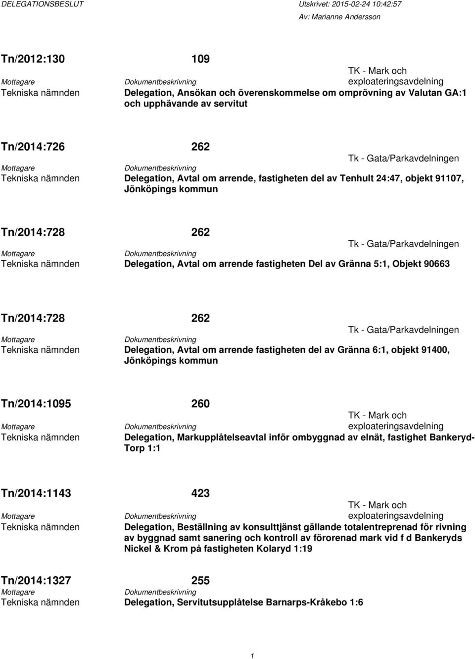 fastigheten del av Tenhult 24:47, objekt 91107, Jönköpings kommun Tn/2014:728 262 Mottagare Dokumentbeskrivning Tk - Gata/Parkavdelningen Tekniska nämnden Delegation, Avtal om arrende fastigheten Del