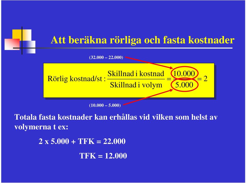 000 Rörlig kostnad/st : = = Skillnad i volym 5.000 2 (10.000 5.