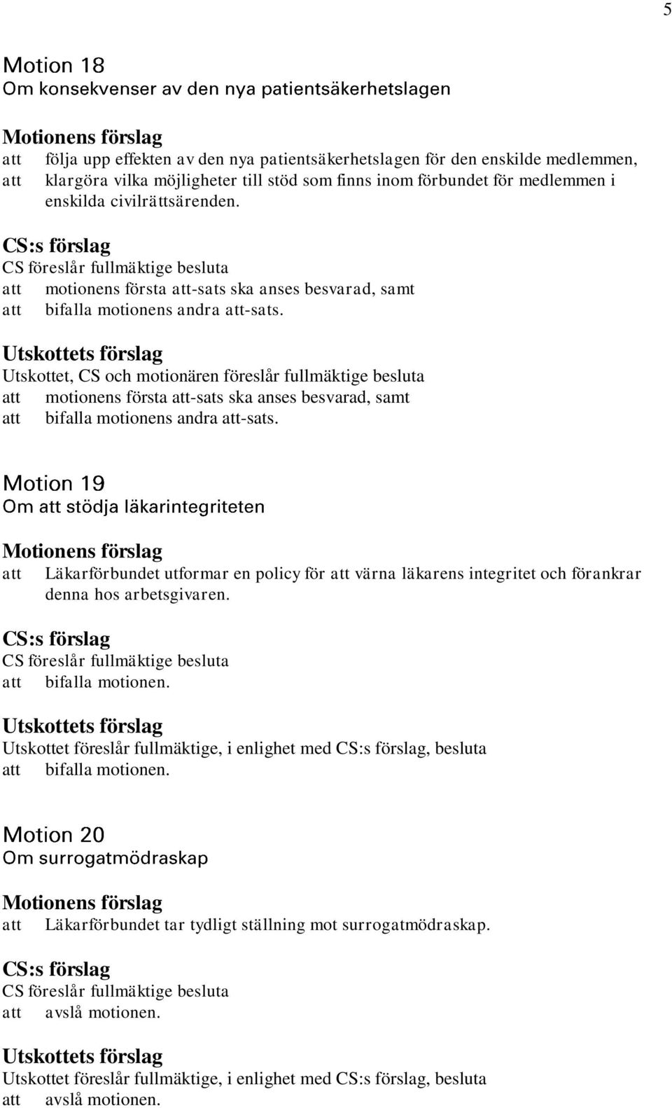 Utskottet, CS och motionären föreslår fullmäktige besluta  Läkarförbundet utformar en policy för värna läkarens integritet och förankrar denna hos arbetsgivaren. bifalla motionen.