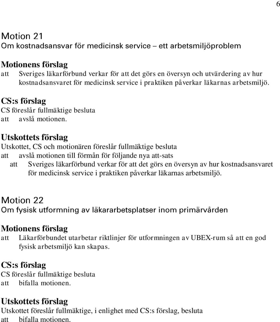 Utskottet, CS och motionären föreslår fullmäktige besluta avslå motionen till förmån för följande nya -sats Sveriges läkarförbund verkar för det görs en