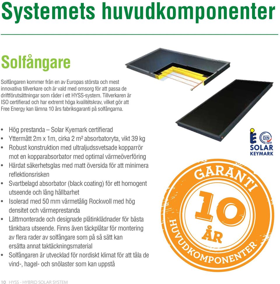 Hög prestanda Solar Kyemark certifierad Yttermått 2m x 1m, cirka 2 m² absorbatoryta, vikt 39 kg Robust konstruktion med ultraljudssvetsade kopparrör mot en kopparabsorbator med optimal