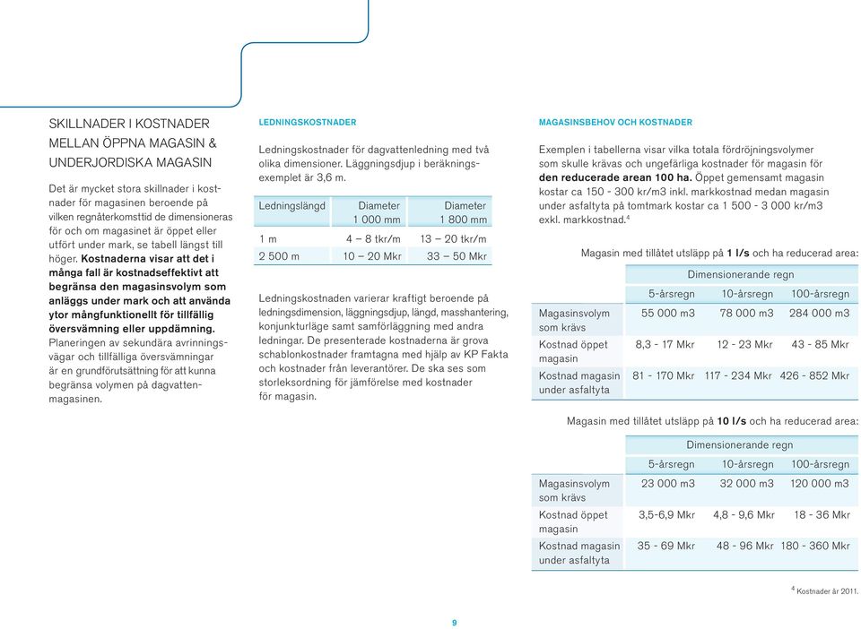 Kostnaderna visar att det i många fall är kostnadseffektivt att begränsa den magasinsvolym som anläggs under mark och att använda ytor mångfunktionellt för tillfällig översvämning eller uppdämning.