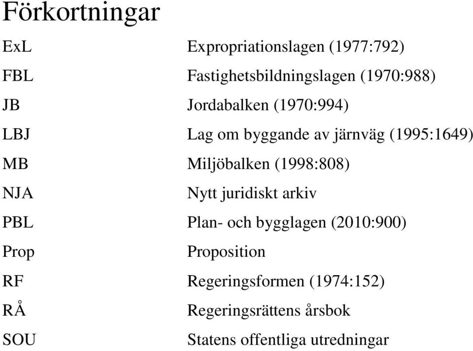 Miljöbalken (1998:808) NJA Nytt juridiskt arkiv PBL Plan- och bygglagen (2010:900) Prop