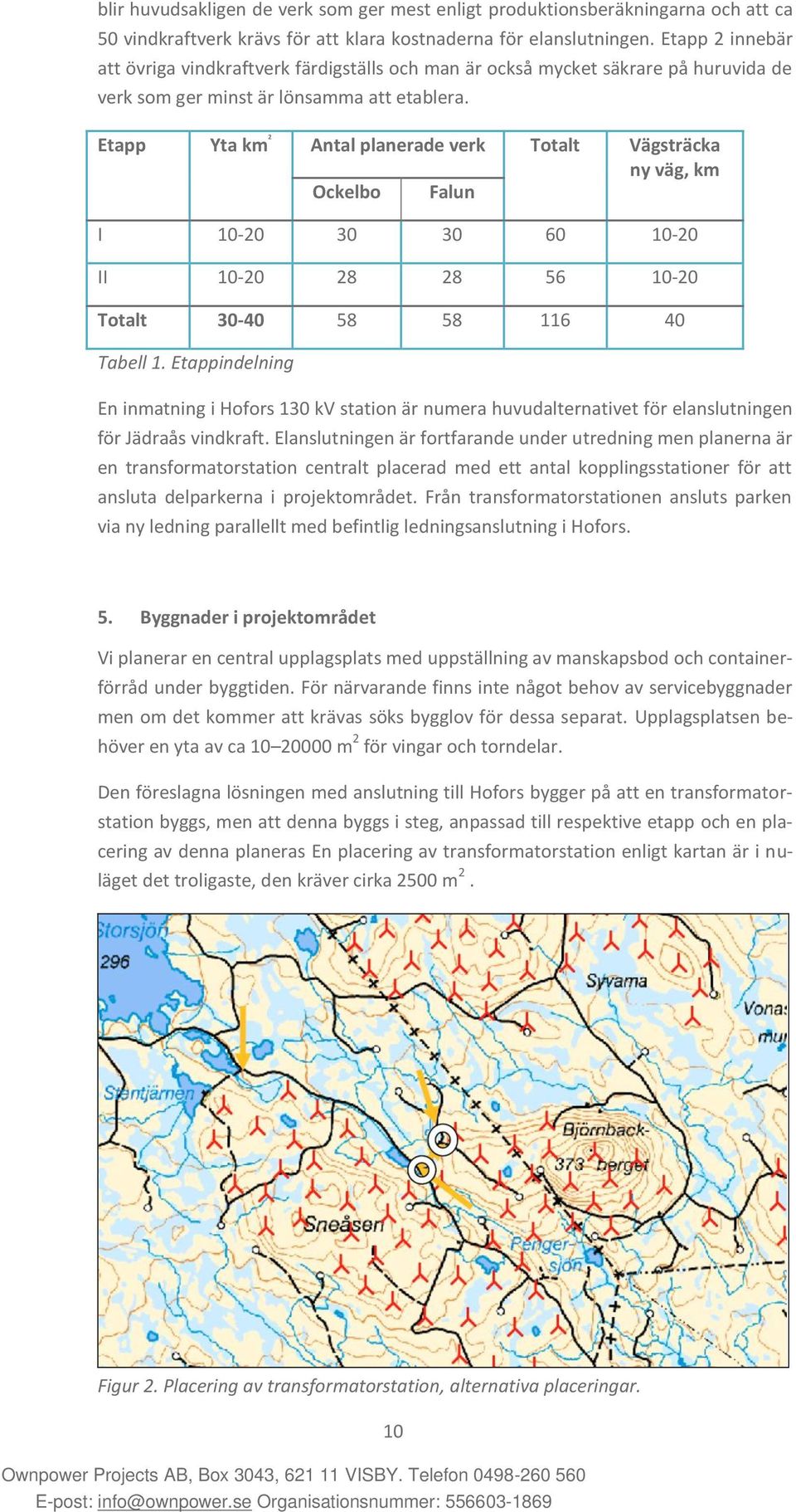 Etapp Yta km 2 Antal planerade verk Totalt Vägsträcka ny väg, km Ockelbo Falun I 10-20 30 30 60 10-20 II 10-20 28 28 56 10-20 Totalt 30-40 58 58 116 40 Tabell 1.