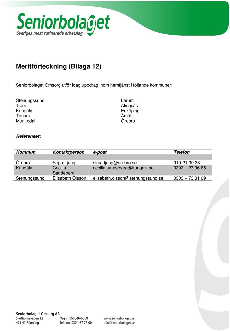 Kontaktperson e-post Telefon Örebro Sirpa Ljung sirpa.ljung@orebro.se 019-21 39 38 Kungälv Cecilia cecilia.