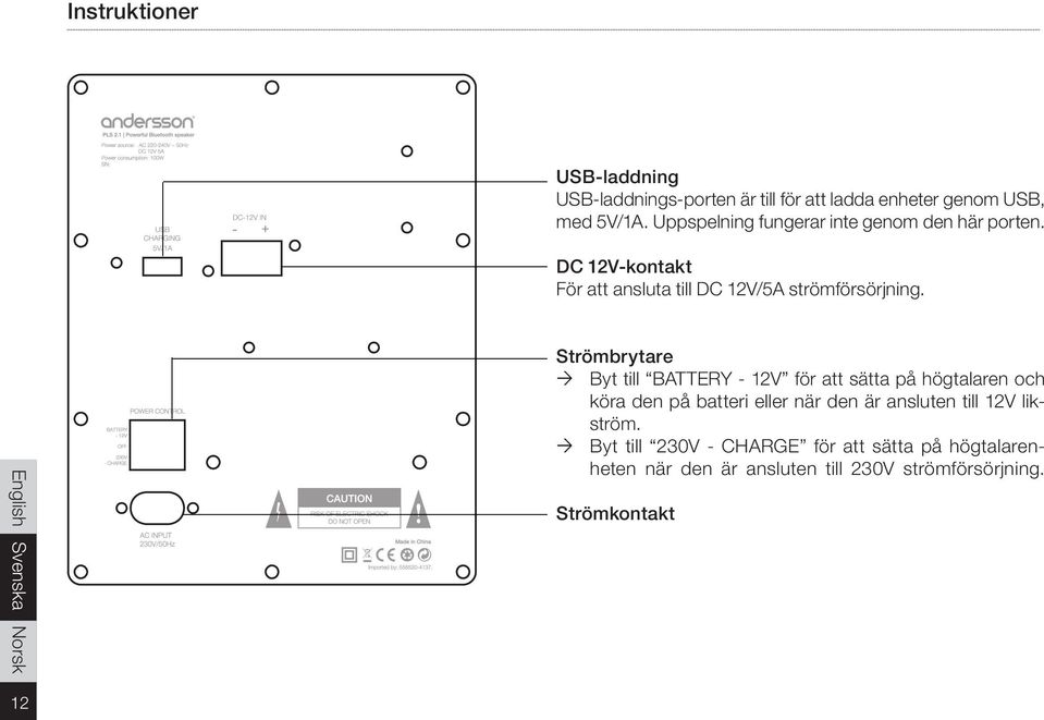 Strömbrytare Byt till BATTERY - 12V för att sätta på högtalaren och köra den på batteri eller när den är ansluten