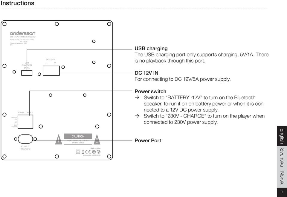 Power switch Switch to BATTERY -12V to turn on the Bluetooth speaker, to run it on on battery power or