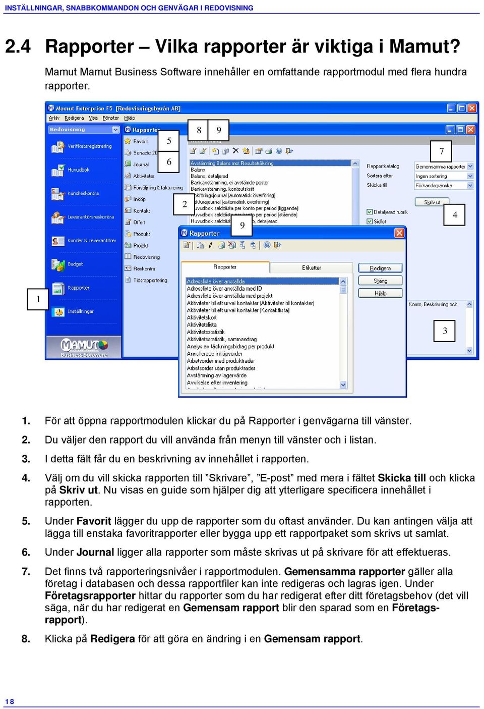 2. Du väljer den rapport du vill använda från menyn till vänster och i listan. 3. I detta fält får du en beskrivning av innehållet i rapporten. 4.