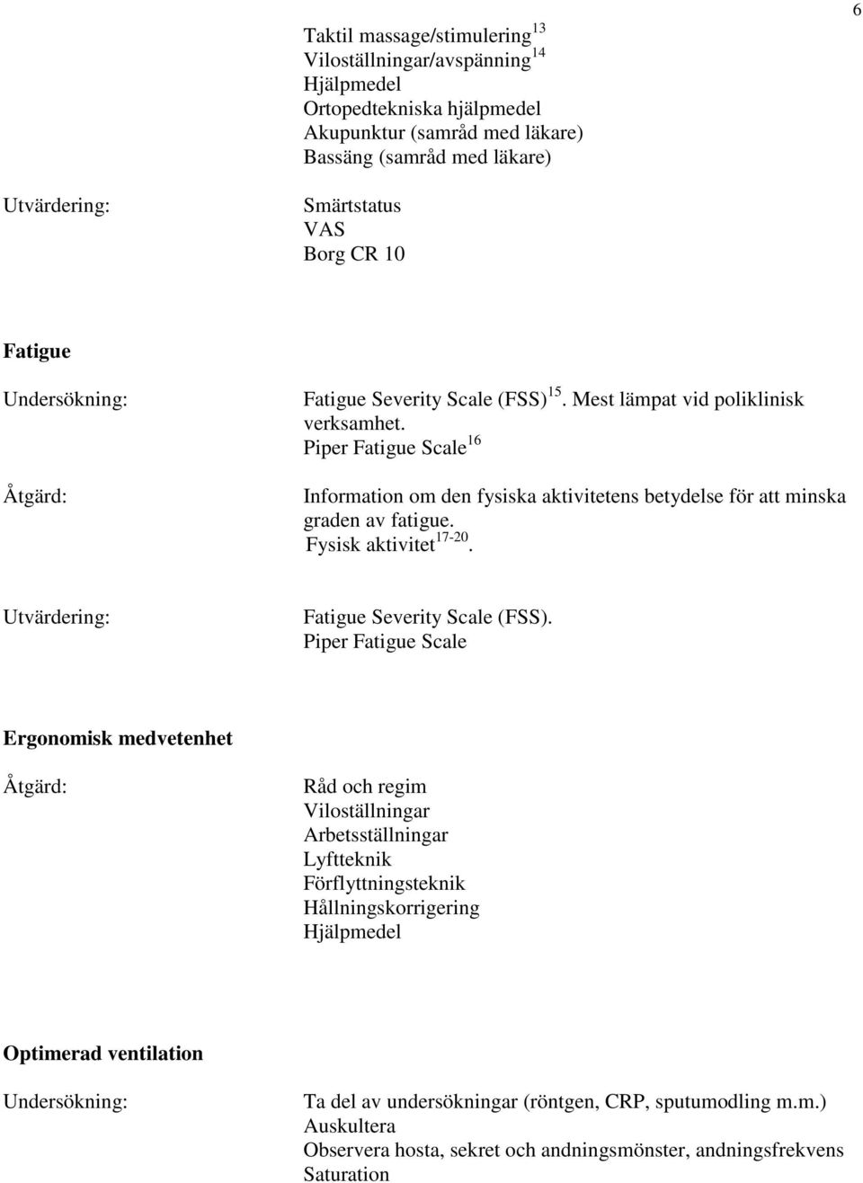 Piper Fatigue Scale 16 Information om den fysiska aktivitetens betydelse för att minska graden av fatigue. Fysisk aktivitet 17-20. Utvärdering: Fatigue Severity Scale (FSS).