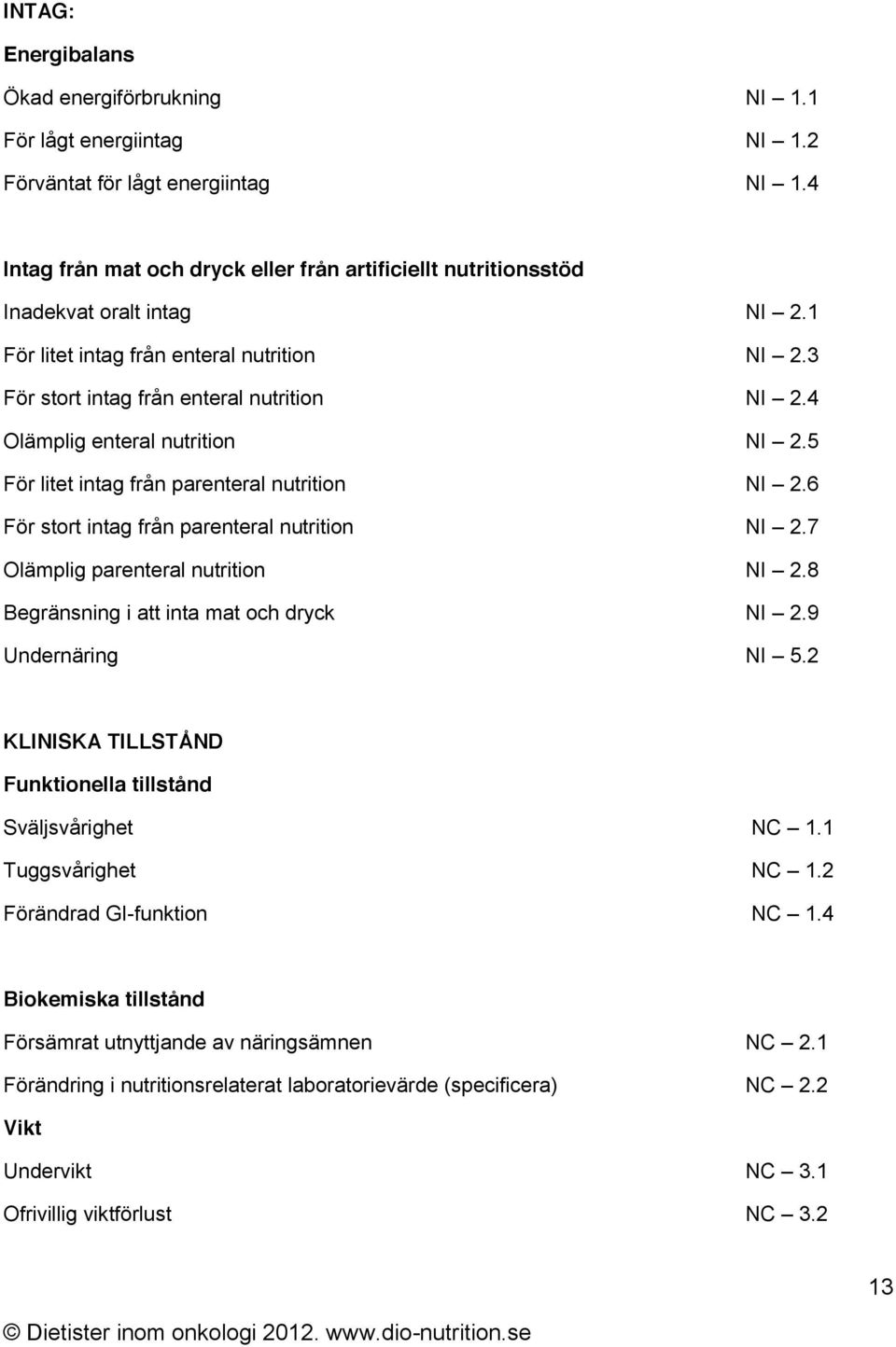 4 Olämplig enteral nutrition NI 2.5 För litet intag från parenteral nutrition NI 2.6 För stort intag från parenteral nutrition NI 2.7 Olämplig parenteral nutrition NI 2.