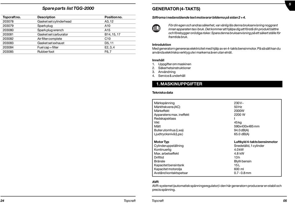 203084 Fuel cap + filter E2, 3, 4 203085 Rubber foot F6, 7 GENERATOR (4-TAKTS) Siffrorna i nedanstående text motsvarar bilderna på sidan 2 + 4.