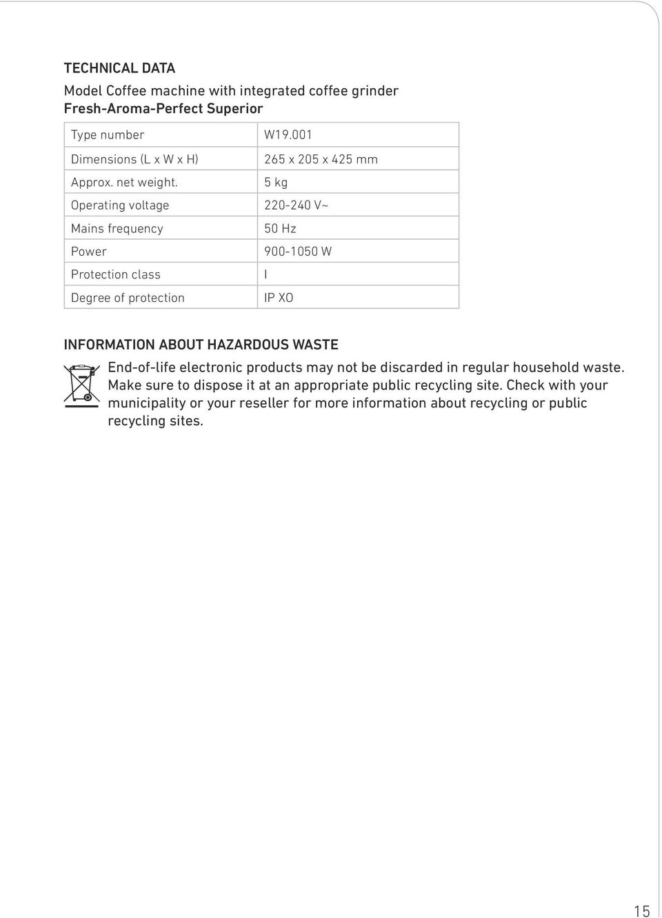 5 kg Operating voltage 220-240 V~ Mains frequency 50 Hz Power 900-1050 W Protection class I Degree of protection IP XO INFORMATION ABOUT HAZARDOUS