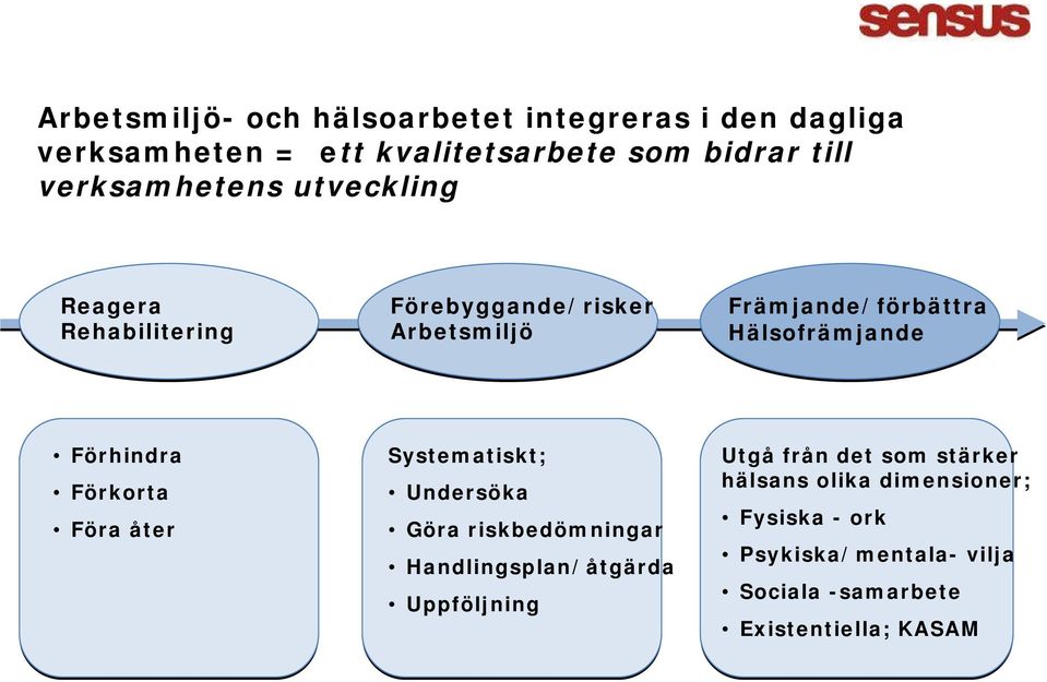 Förhindra Förkorta Föra åter Systematiskt; Undersöka Göra riskbedömningar Handlingsplan/åtgärda Uppföljning Utgå