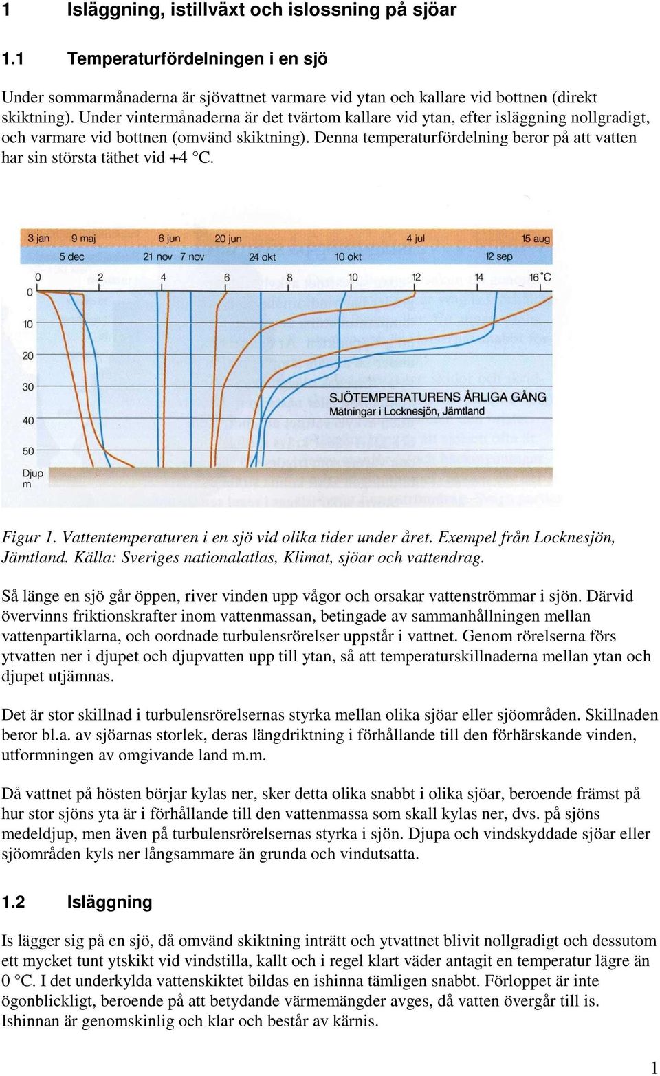 Denna temperaturfördelning beror på att vatten har sin största täthet vid +4 C. Figur 1. Vattentemperaturen i en sjö vid olika tider under året. Exempel från Locknesjön, Jämtland.