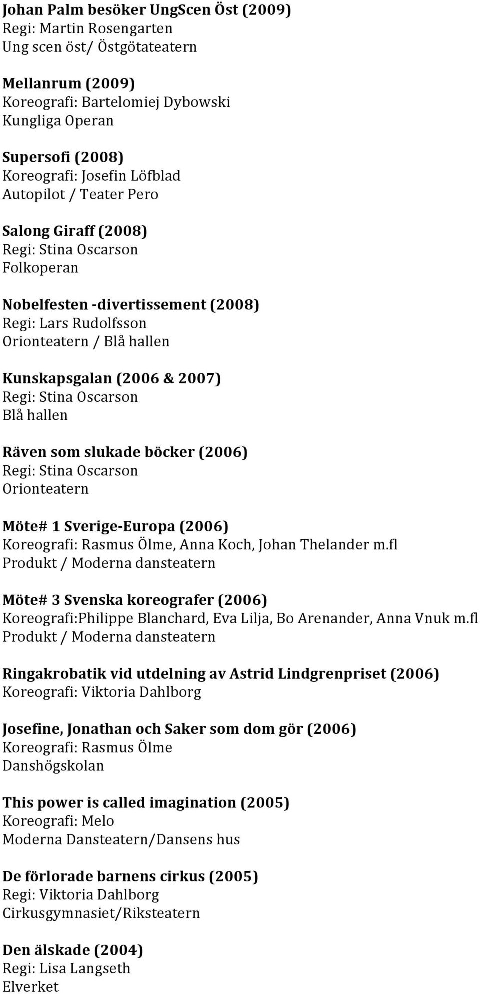 slukade böcker (2006) Orionteatern Möte# 1 Sverige- Europa (2006) Koreografi: Rasmus Ölme, Anna Koch, Johan Thelander m.