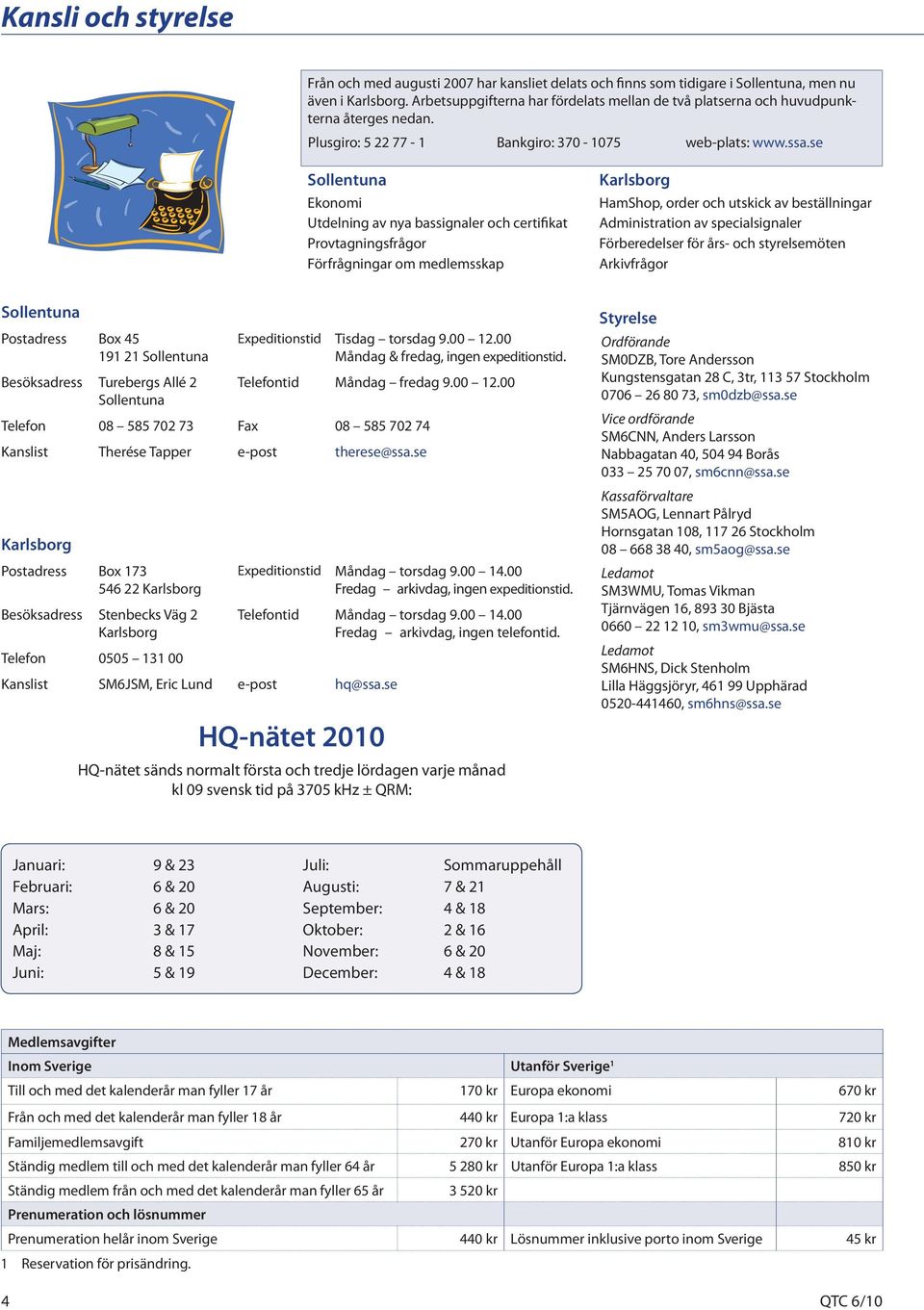 se Sollentuna Ekonomi Utdelning av nya bassignaler och certifikat Provtagningsfrågor Förfrågningar om medlemsskap Karlsborg HamShop, order och utskick av beställningar Administration av