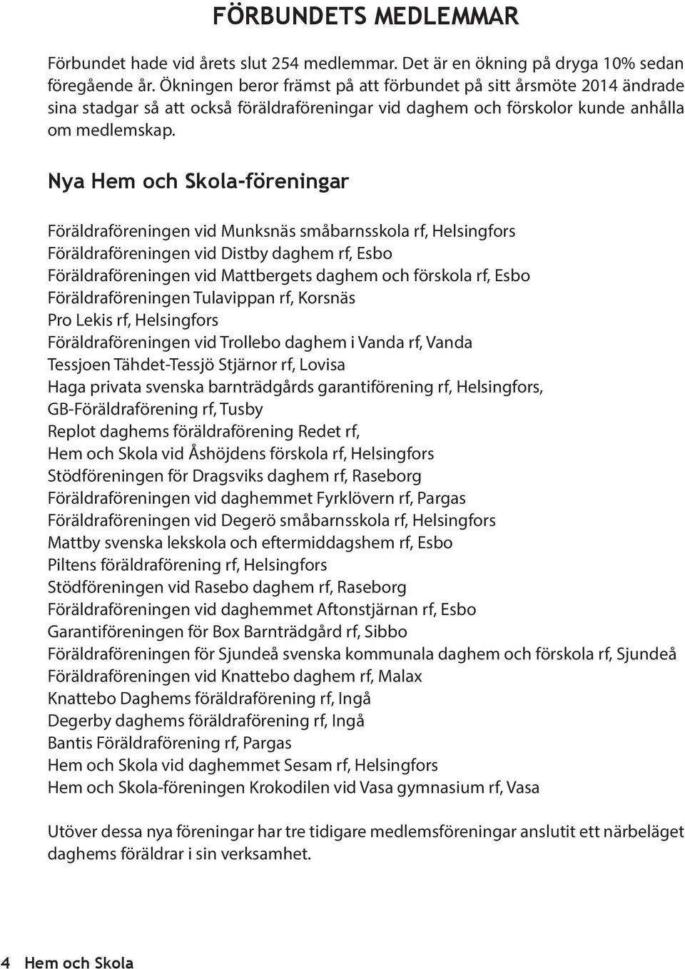 Nya Hem och Skola-föreningar Föräldraföreningen vid Munksnäs småbarnsskola rf, Helsingfors Föräldraföreningen vid Distby daghem rf, Esbo Föräldraföreningen vid Mattbergets daghem och förskola rf,