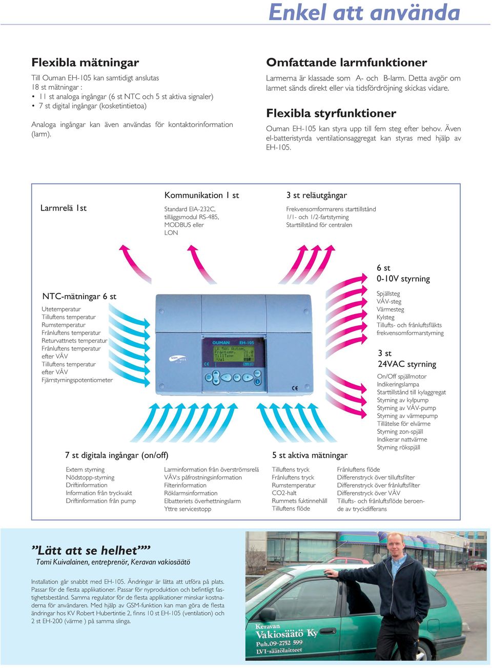 Detta avgör om larmet sänds direkt eller via tidsfördröjning skickas vidare. Flexibla styrfunktioner Ouman EH-105 kan styra upp till fem steg efter behov.