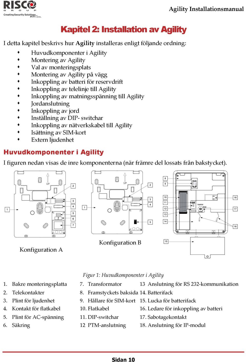 jord Inställning av DIP switchar Inkoppling av nätverkskabel till Agility Isättning av SIM kort Extern ljudenhet Huvudkomponenter i Agility I figuren nedan visas de inre komponenterna (när främre del