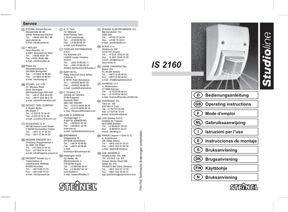 : +41/56/6 48 88 88 Fax: +41/56/6 48 88 50 e-mail: info@puag.ch STEINEL U.K. LTD. 37, Manasty Road Orton Southgate GB-Peterborough PE2 6UP Tel.