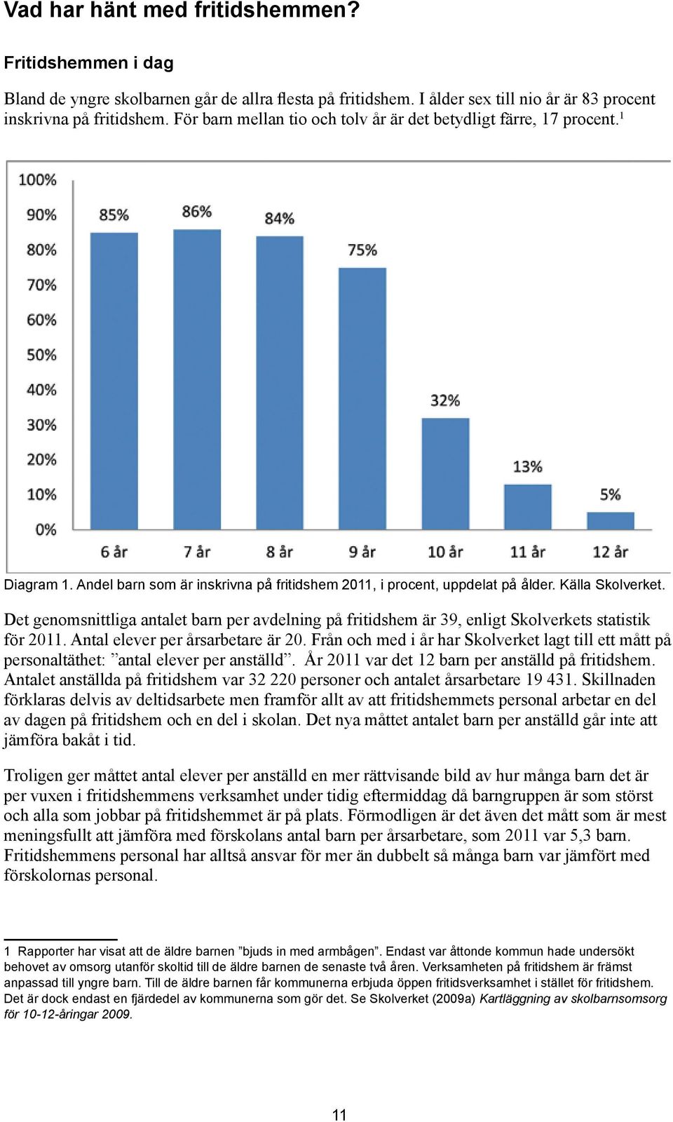 Det genomsnittliga antalet barn per avdelning på fritidshem är 39, enligt Skolverkets statistik för 2011. Antal elever per årsarbetare är 20.